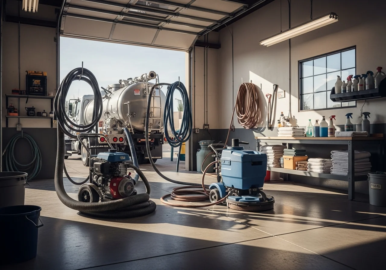 Professional carpet cleaning equipment and tools ready for service. Clean workspace showing extraction machines and supplies used for residential and commercial carpet restoration.