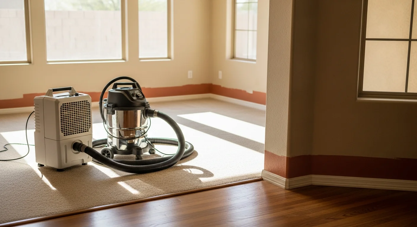 Water extraction equipment removing water from flooded room