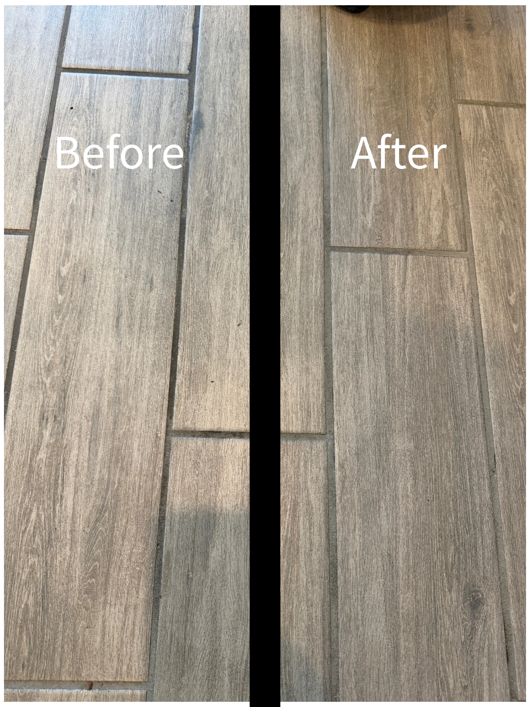 Wood-look tile floor before and after cleaning, showing restored color and shine