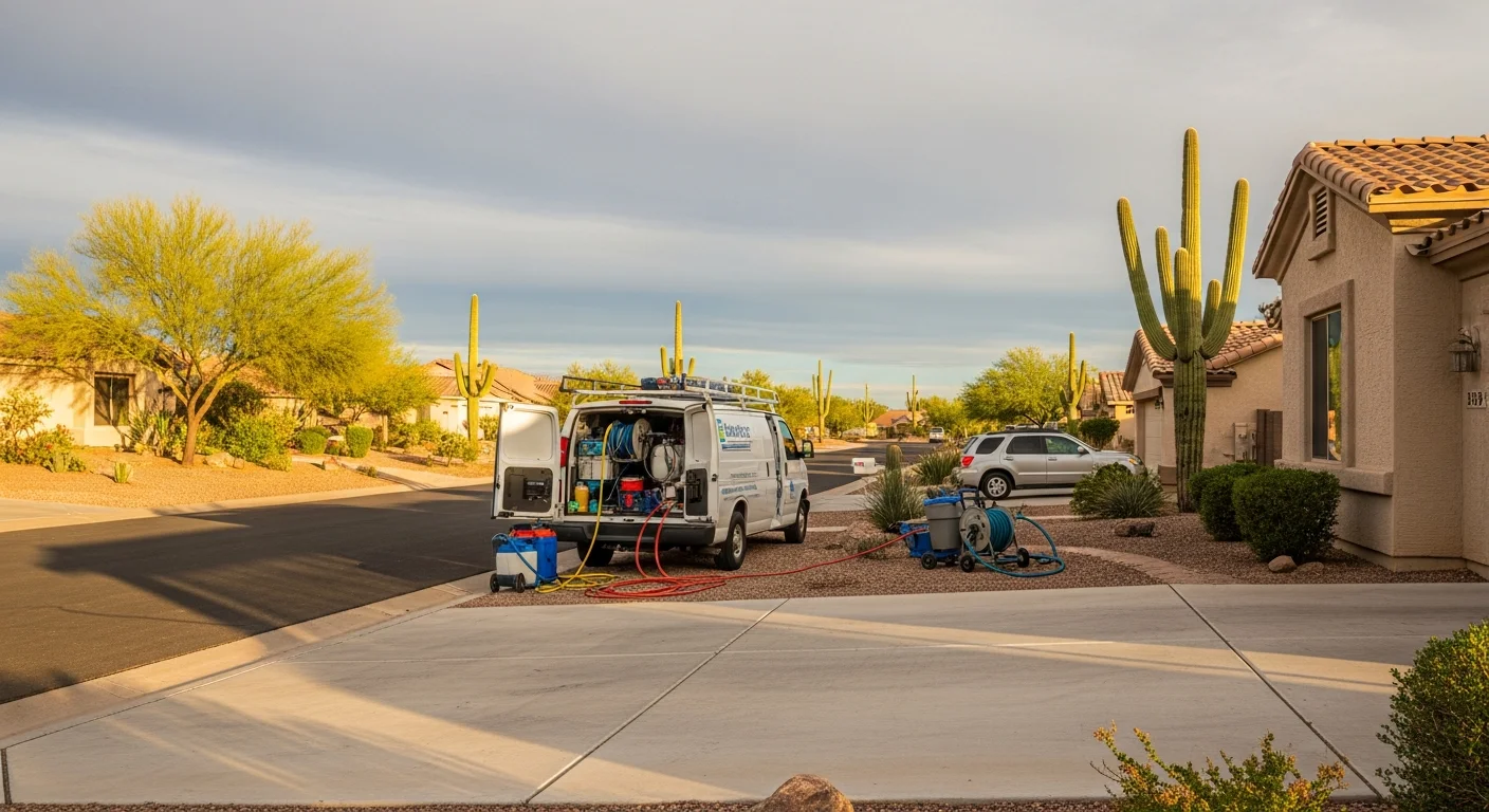 Wide view of a Buckeye residential street with newer homes and desert landscaping under clear Arizona sky.