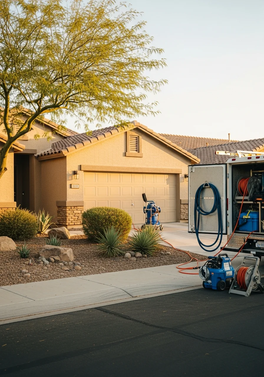 Service technician in professional uniform standing in front of a Goodyear home with company vehicle visible.