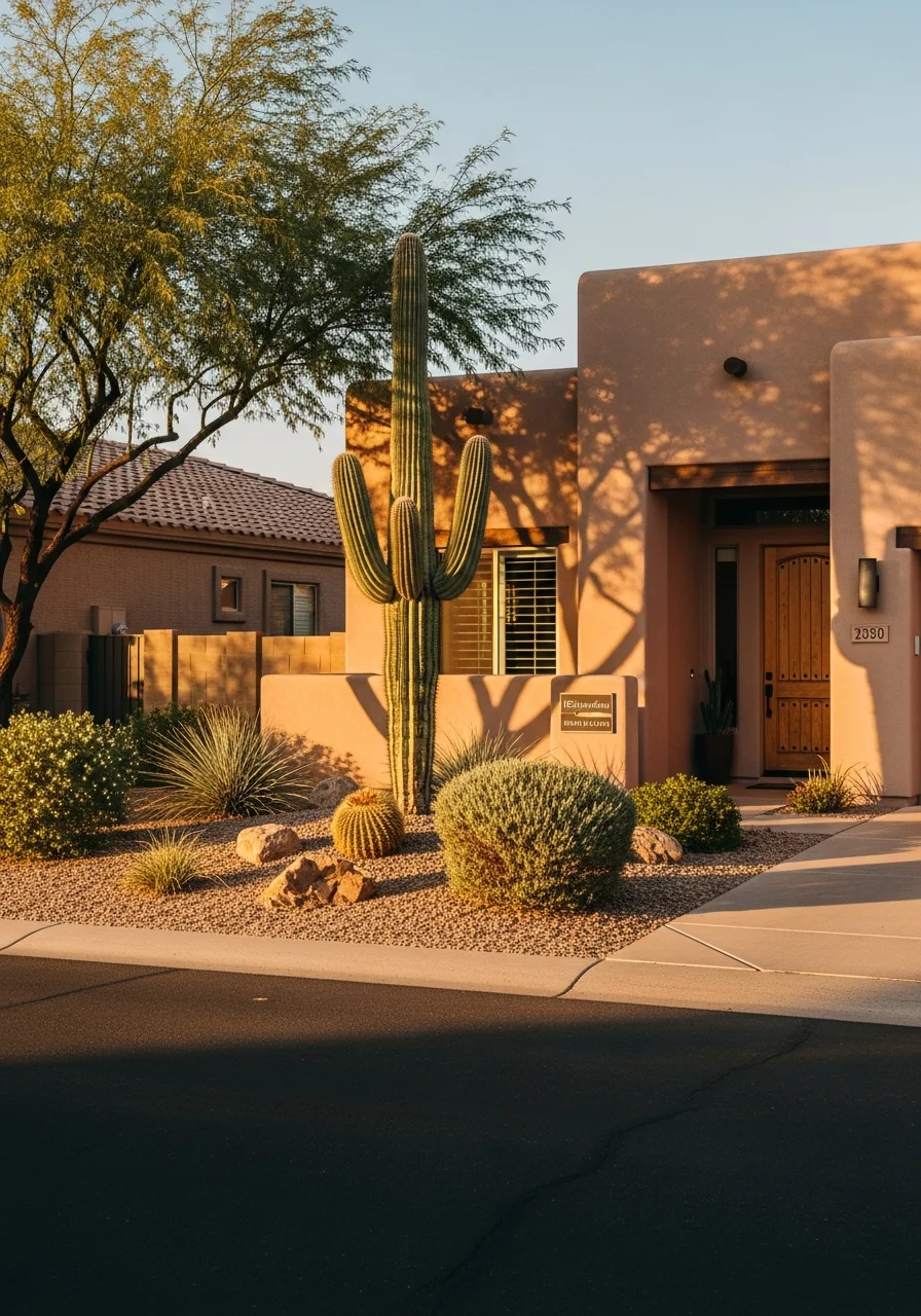 Professional technician in uniform standing in front of a Litchfield Park home with manicured landscaping.