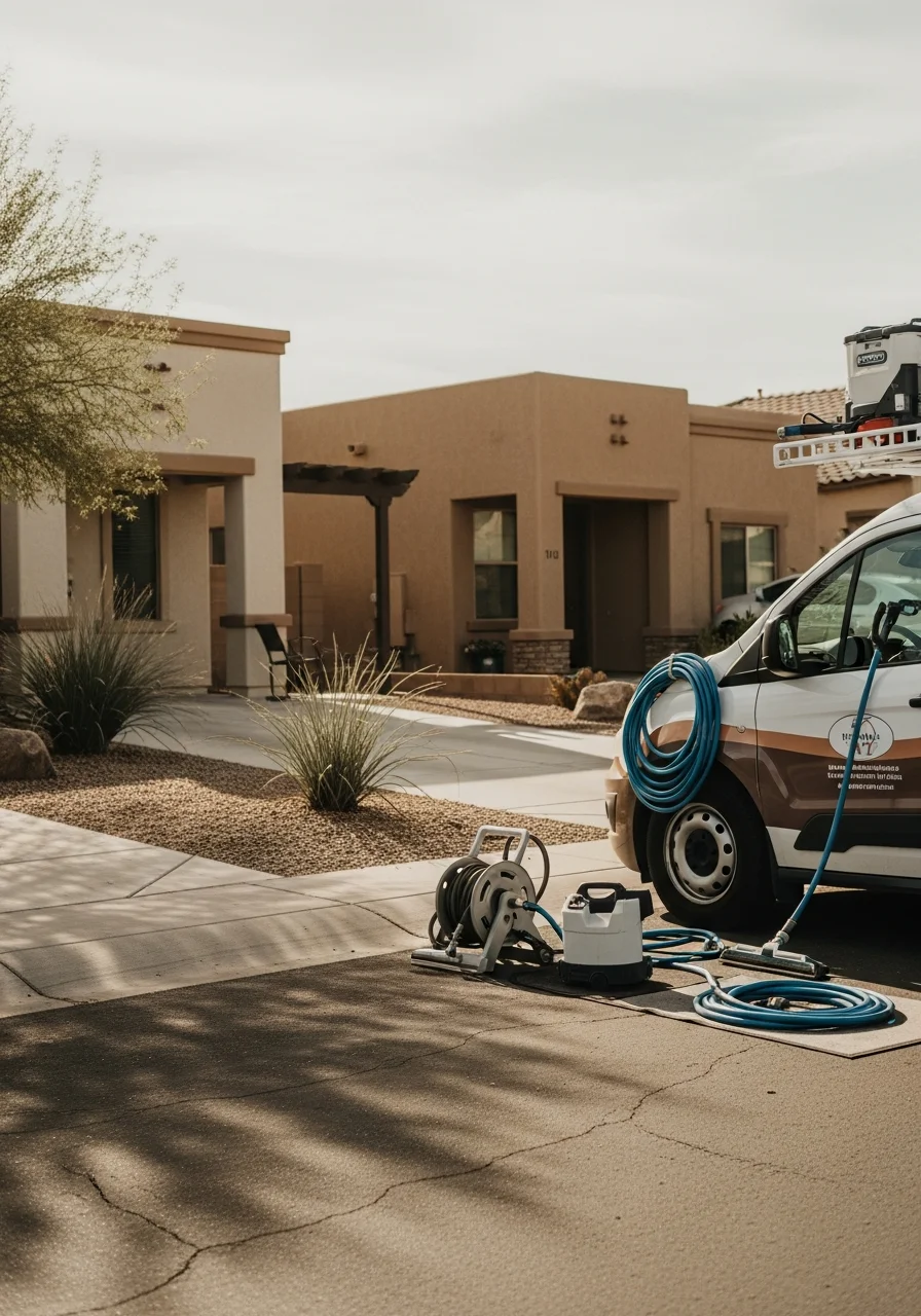 Professional technician in work gear standing in front of a Peoria property with service vehicle in background.