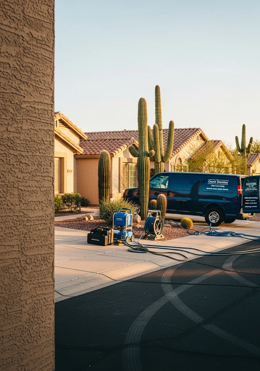 Friendly technician speaking with a Sun City resident in front of their home.