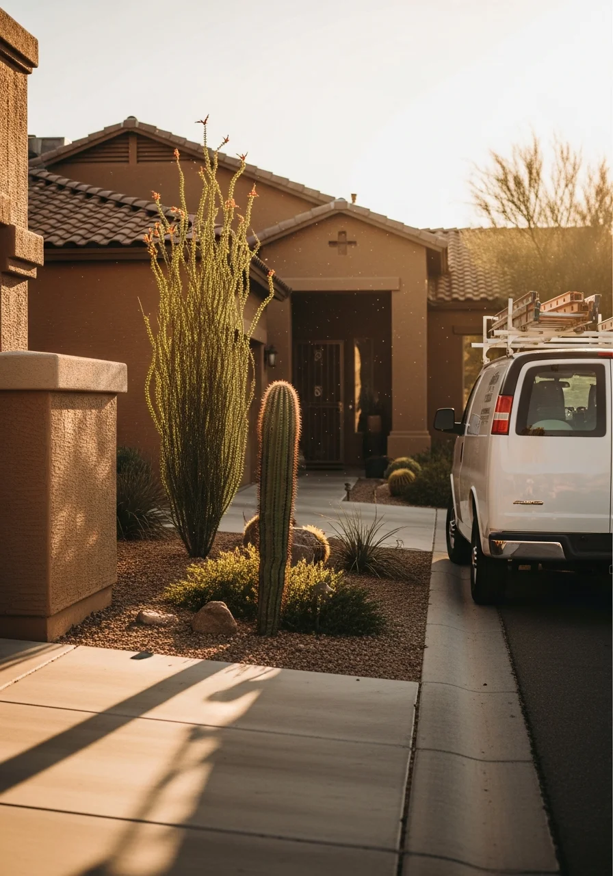 Technician in uniform standing in front of a Surprise home with professional service vehicle visible.