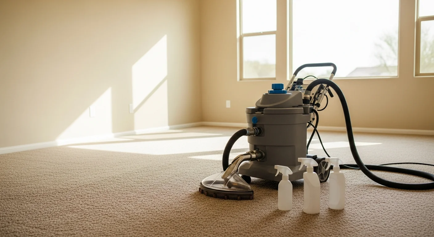 A professional carpet cleaner using a truck-mounted extraction wand on a heavily soiled living room carpet inside a Buckeye, AZ home. The cleaned section shows a visible contrast against the desert-dust-stained fibers still awaiting treatment.