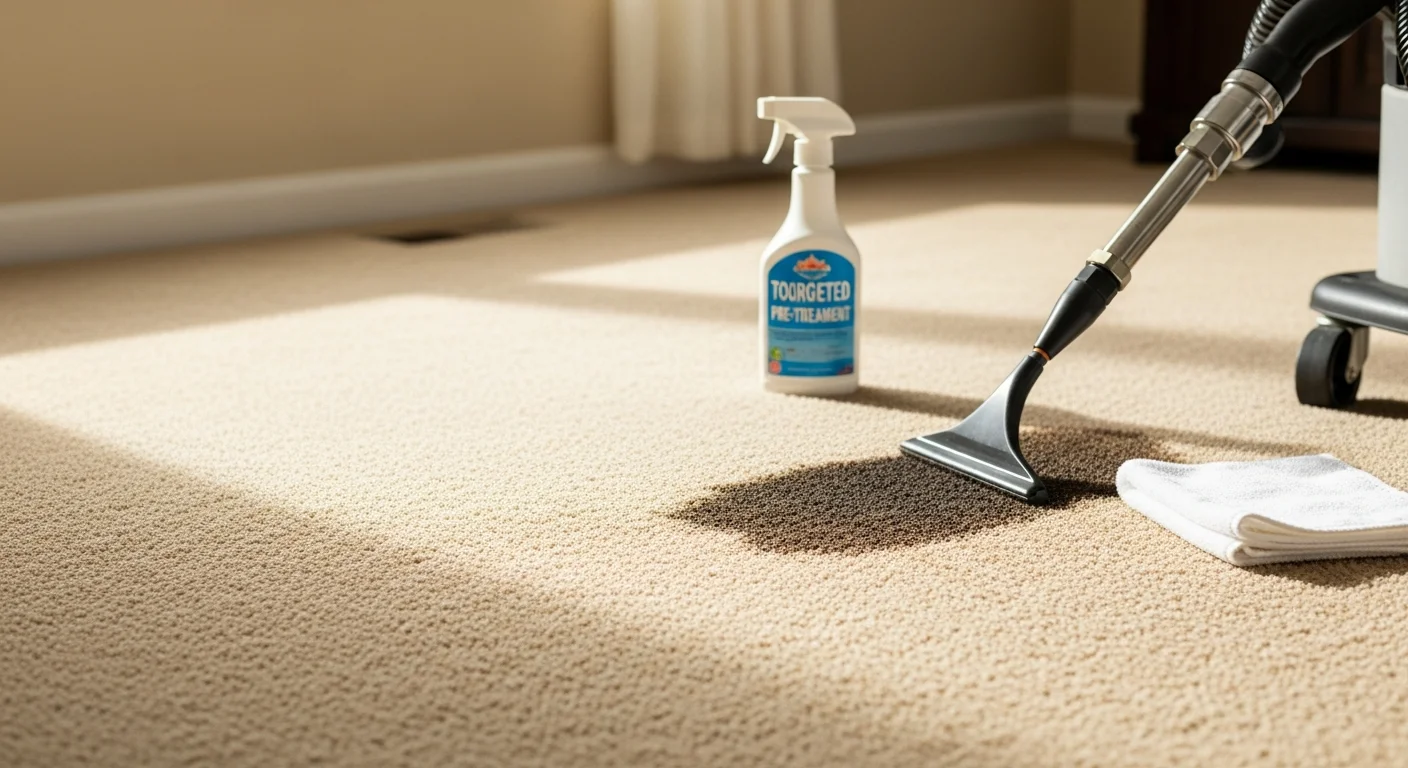 A Buckeye, Arizona living room carpet showing a clean, stain-free area after professional stain removal treatment. A visible before-and-after contrast highlights extracted pet and soil stains on a light-colored residential carpet.