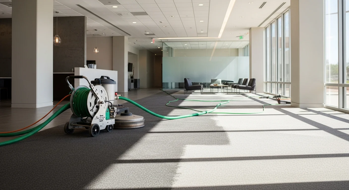 A commercial carpet in a Buckeye office building showing clean, restored fibers in a high-traffic hallway after professional hot water extraction cleaning. The space reflects a professional environment typical of Buckeye's growing retail and office corridor properties.