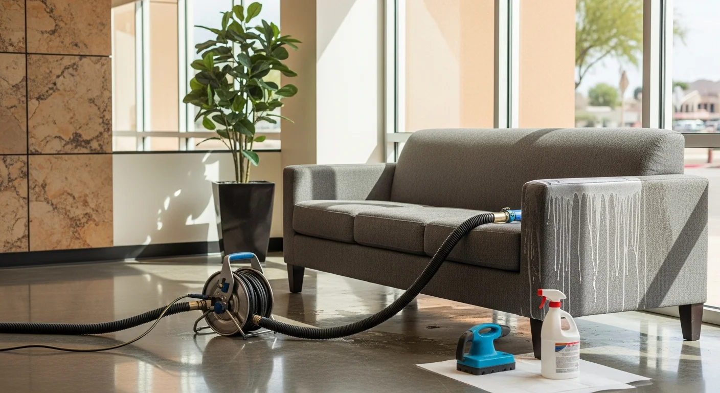 A cleaned row of commercial waiting room chairs in a Buckeye, Arizona office showing restored fabric color and no visible soiling. A technician from Phoenix Carpet Care & Restoration LLC works on an upholstered office chair in the background.