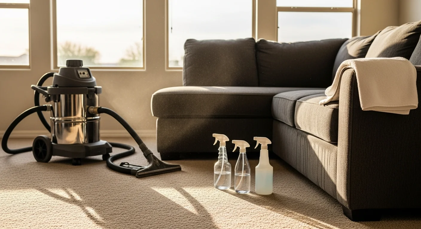 A clean, freshly cleaned fabric sectional sofa in a Buckeye, Arizona living room with bright natural light showing restored fabric texture and no visible staining. A technician from Phoenix Carpet Care & Restoration LLC uses professional extraction equipment on a large upholstered couch inside a Buckeye home.