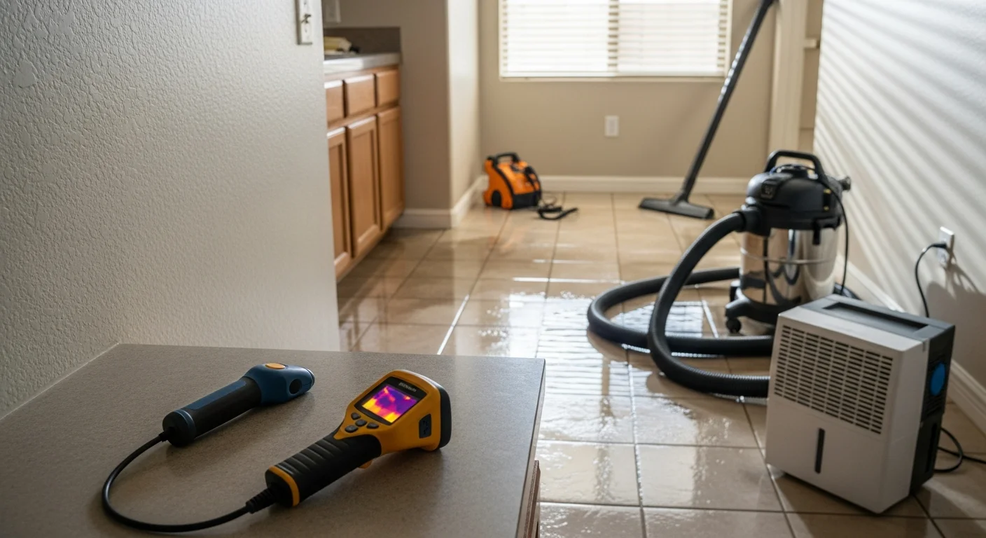 A Buckeye, Arizona living room showing water-soaked flooring and baseboards with industrial air movers and a dehumidifier placed by a restoration technician during emergency water damage response. The technician reviews moisture readings on a detection device near a water-stained drywall section.