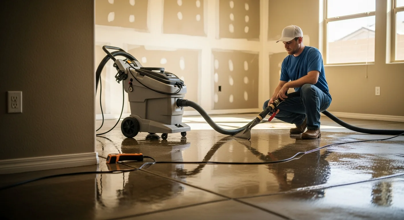 A water-damaged living room in a Buckeye, AZ home with wet flooring and baseboards being dried by industrial air movers and dehumidifiers. A restoration technician uses a moisture meter to check the wall surface for hidden water intrusion.