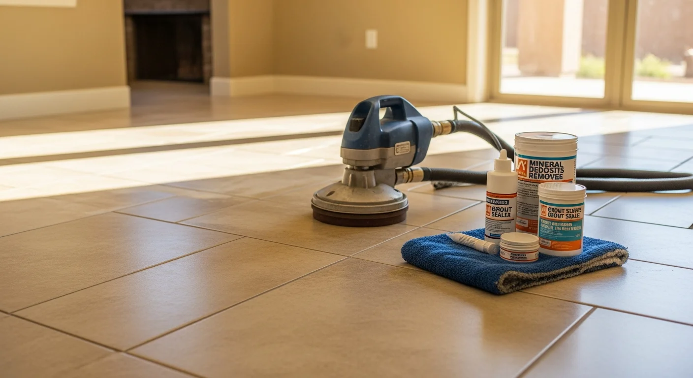 Restored ceramic tile floor in a Buckeye home showing clean, evenly colored grout lines and a clear tile surface free of hard water haze. A technician from Phoenix Carpet Care & Restoration LLC applies sealant to freshly cleaned floor tile in a bright open-plan living area.
