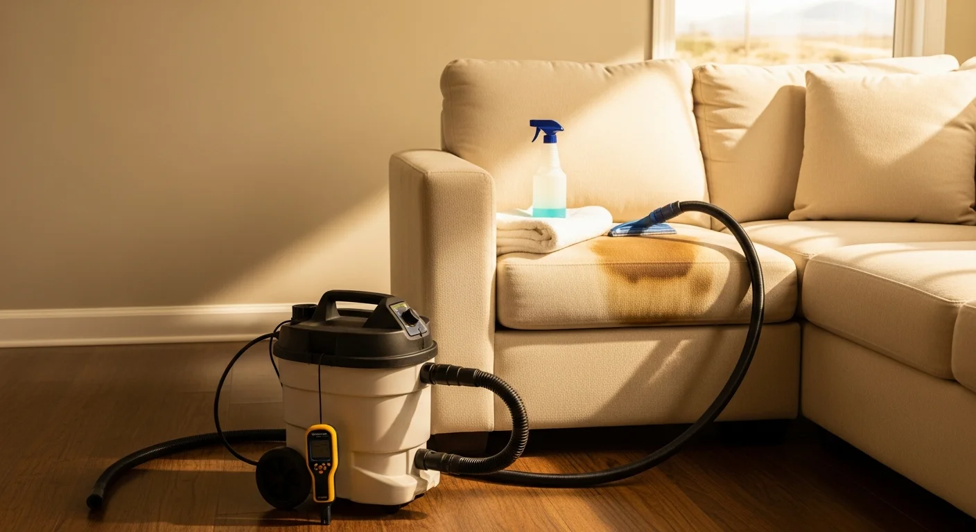 A Buckeye upholstery technician from Phoenix Carpet Care & Restoration LLC treating a stained sofa cushion with a fabric-safe cleaning solution. The before-and-after result shows a clean, restored fabric surface on a light-colored sectional in a Buckeye living room.