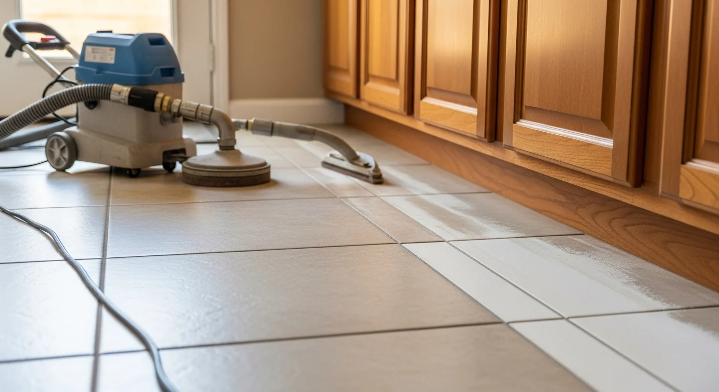 Close-up view of freshly cleaned ceramic tile floor with bright, uniform grout lines in a Buckeye, Arizona home kitchen. Before-and-after contrast shows dark, stained grout restored to its original light color after professional grout cleaning service.