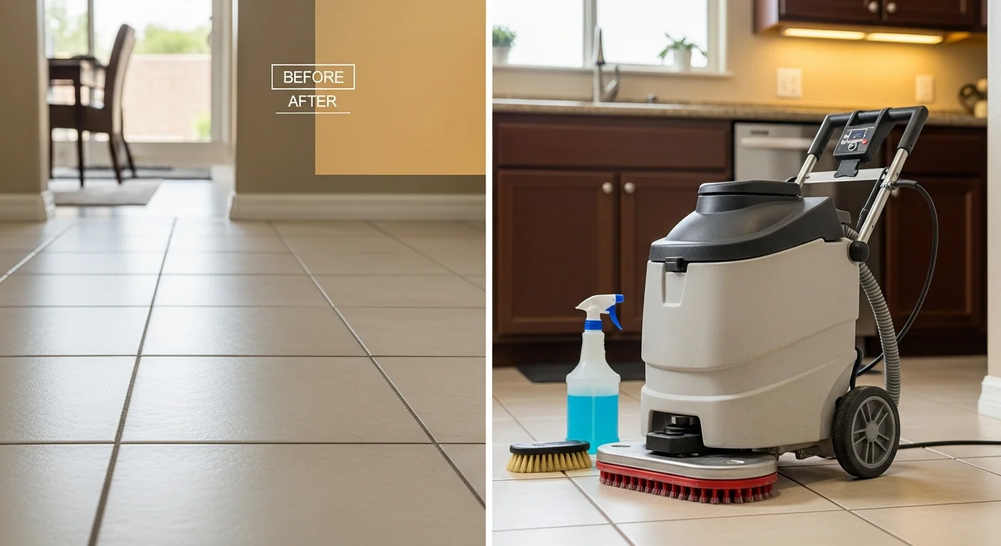 Close-up of clean ceramic kitchen tile and bright white grout lines in a Buckeye home after professional tile and grout cleaning. The kitchen floor shows restored grout color near the cooking and sink area with no visible staining or mineral discoloration.