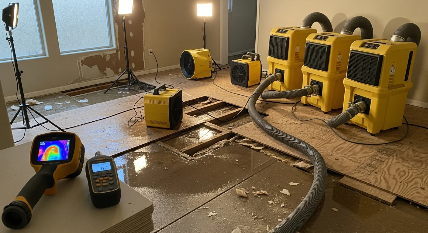 A Phoenix Carpet Care & Restoration LLC technician using a moisture meter on a water-damaged wall inside a Buckeye home. Industrial air movers and a commercial dehumidifier are running in the background on wet flooring.