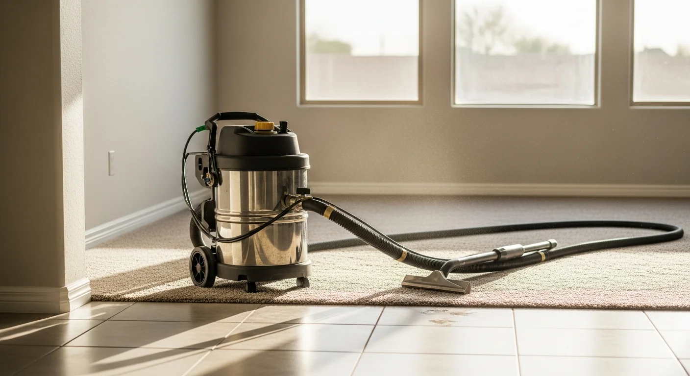 A Buckeye, Arizona living room with freshly cleaned carpet showing restored color and texture after professional extraction cleaning. A technician from Phoenix Carpet Care & Restoration LLC is visible in the background with cleaning equipment near the doorway.