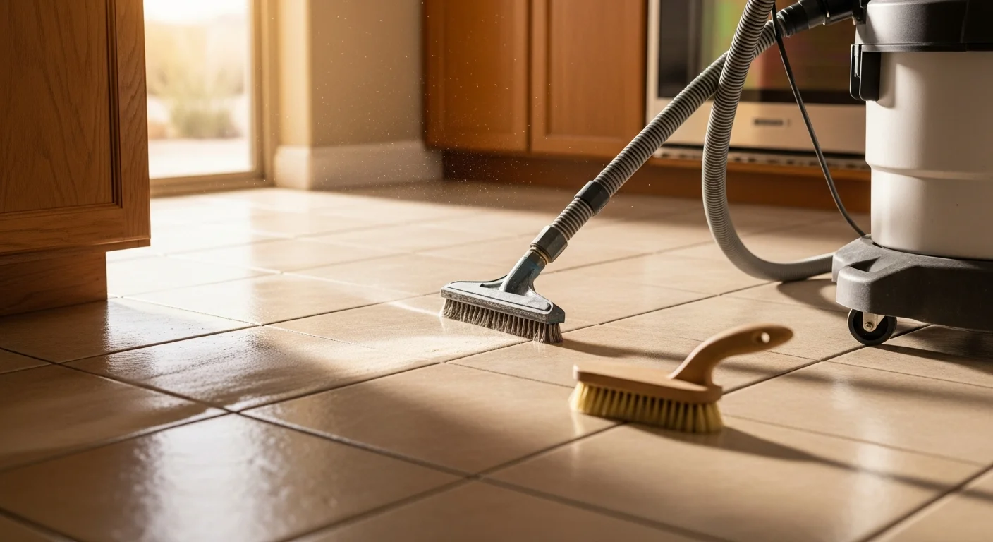 Close-up of freshly cleaned ceramic tile floor with bright, uniform grout lines in a Buckeye home kitchen. The before-and-after contrast shows dark, stained grout restored to a clean, consistent color after professional tile and grout cleaning.