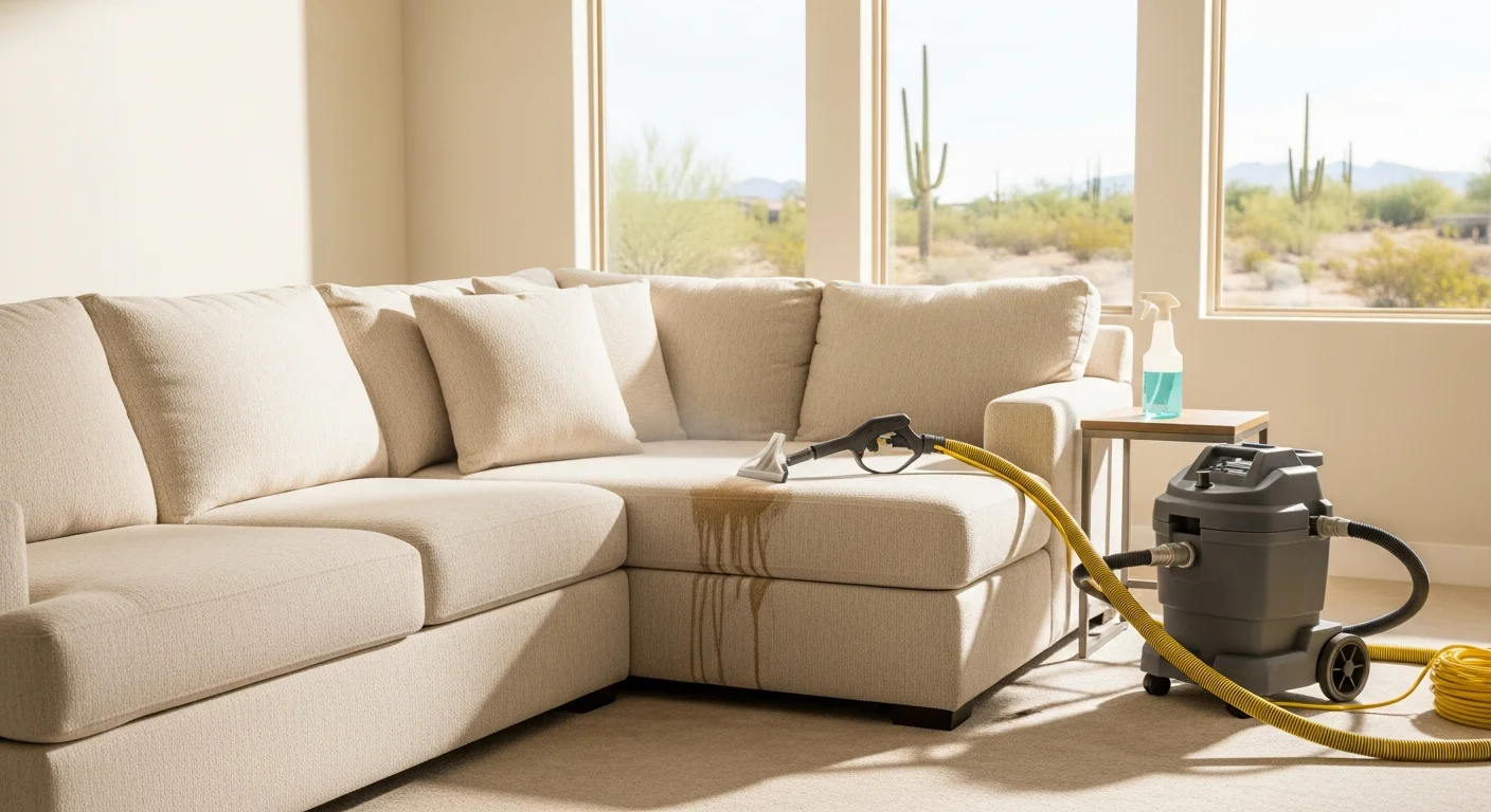 A clean, freshly cleaned sofa in a Buckeye, Arizona living room with bright natural light showing restored fabric color and texture. A technician from Phoenix Carpet Care & Restoration LLC works on a large sectional in an open-plan Buckeye home, with cleaning equipment visible nearby.