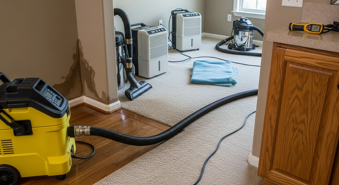 A Buckeye, AZ home interior showing water extraction equipment removing standing water from a flooded living room floor. Restoration technicians from Phoenix Carpet Care & Restoration LLC assess moisture levels along the baseboards and drywall.