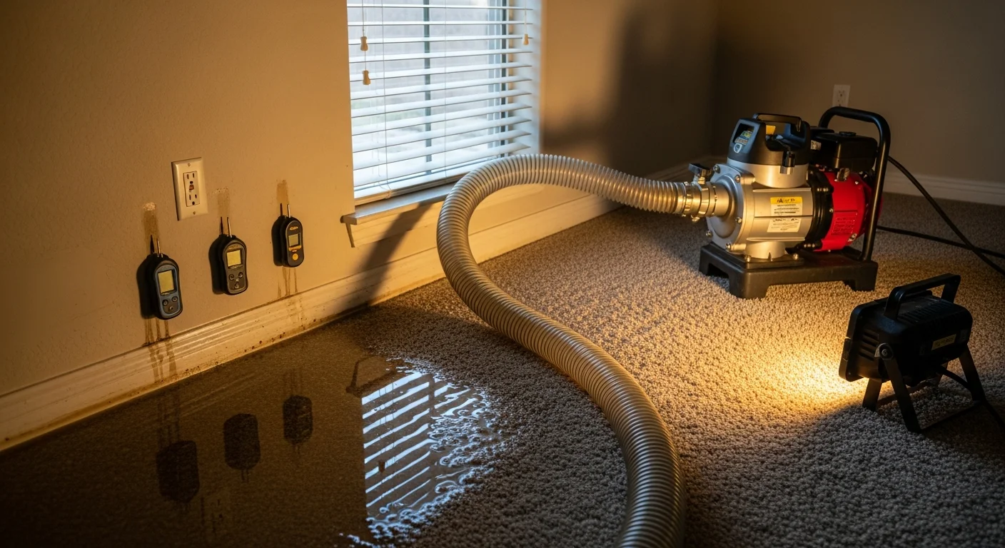 A water extraction technician using an industrial pump to remove standing water from the flooring of a single-story home in Buckeye, AZ. Wet carpet and water-stained baseboards are visible in the background.